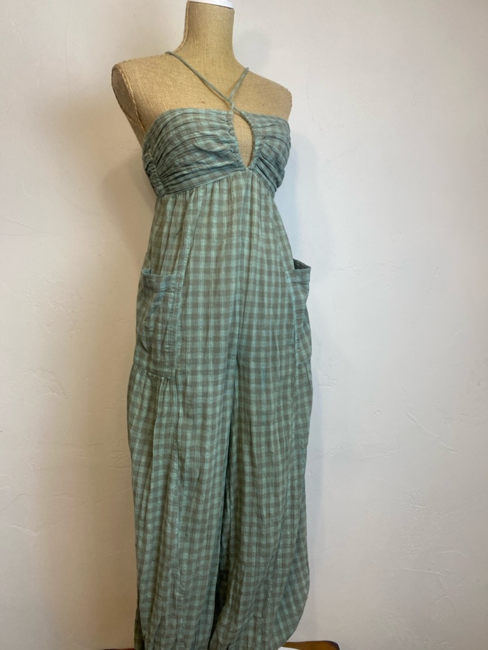 Free People Plaid Halter Jumpsuit with Balloon Style Pants Lightweight - Picture 3 of 12